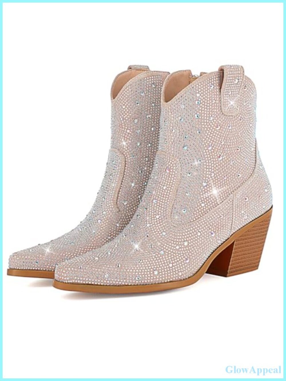 FIFSY Rhinestone Cowboy Ankle Boots Sparkly Chunky Heel Pointed Toe